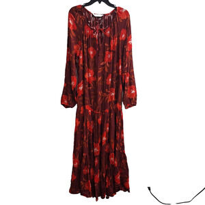 Sonoma Floral Maxi Sheath Dress Large Red Long Sleeves Tie Neck Crinkle Boho NWT